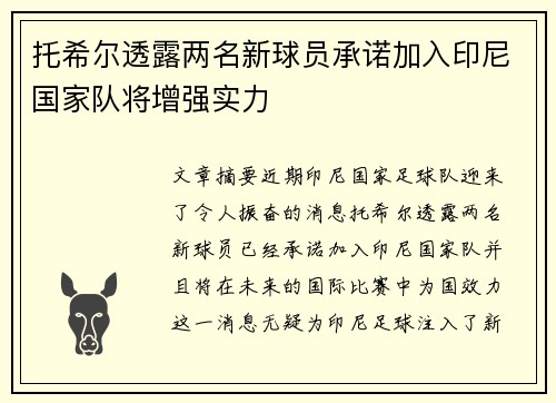 托希尔透露两名新球员承诺加入印尼国家队将增强实力