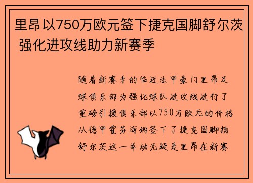 里昂以750万欧元签下捷克国脚舒尔茨 强化进攻线助力新赛季