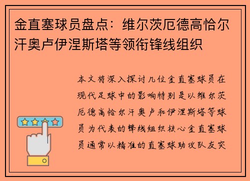 金直塞球员盘点：维尔茨厄德高恰尔汗奥卢伊涅斯塔等领衔锋线组织