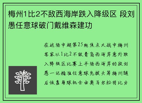梅州1比2不敌西海岸跌入降级区 段刘愚任意球破门戴维森建功