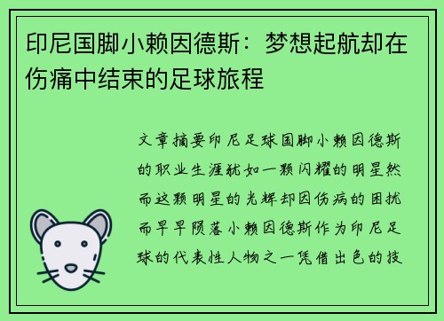 印尼国脚小赖因德斯：梦想起航却在伤痛中结束的足球旅程
